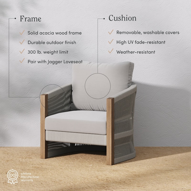 Jagger Farmhouse Patio Seating with Solid Acacia Wood Frame, Cushions, and Rope Accent