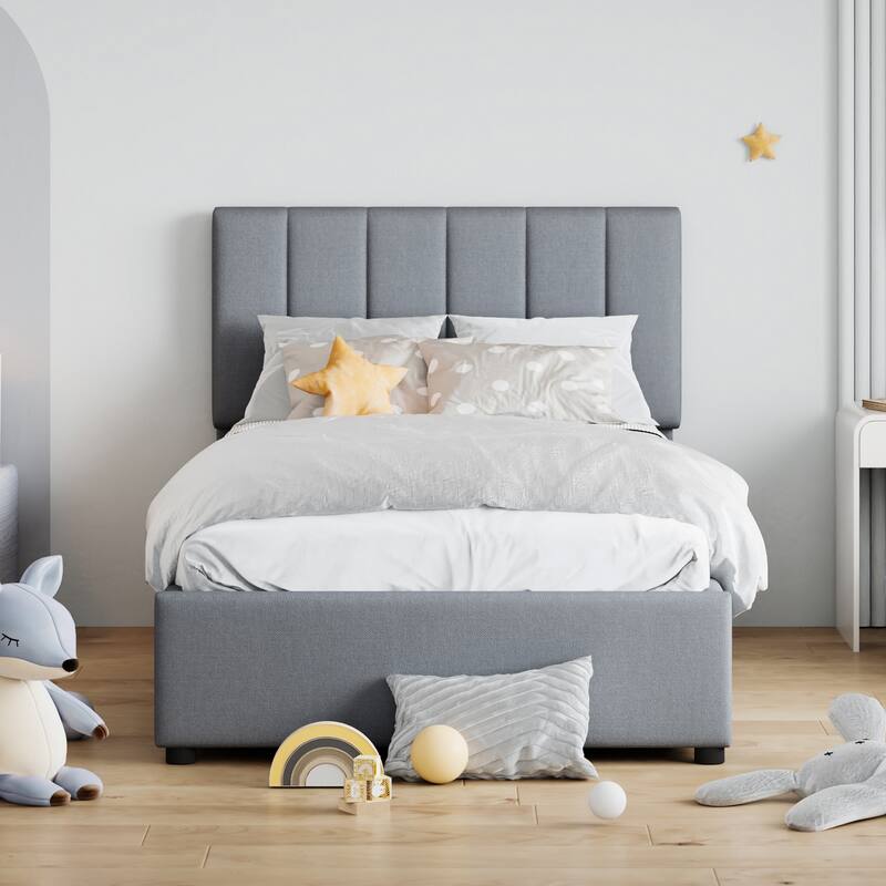 Twin Size Upholstered Platform Bed with a Hydraulic Storage System, Beige