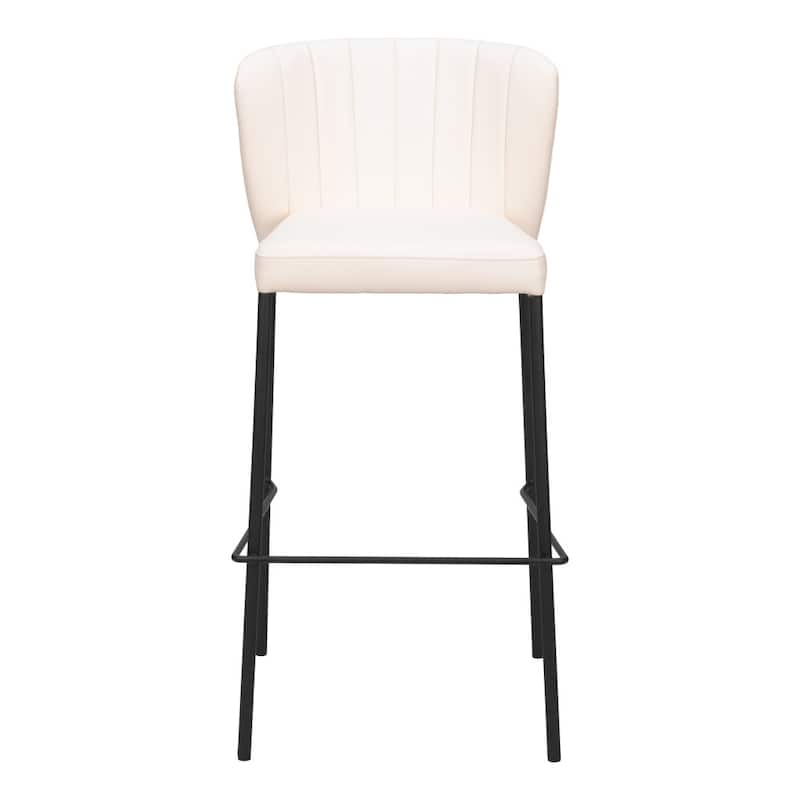 Set of Two 29" Cream And Black Faux Leather And Steel Bar Height Bar Chairs