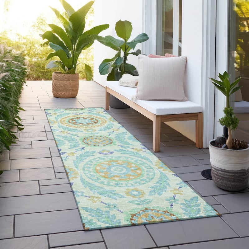 Machine Washable Indoor/ Outdoor Chantille Boho Suzani Rug - Mint - 2'3" x 7'6"
