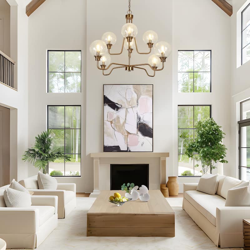 Modern Glam Gold 8-Light 2-Tier Chandelier 37.4 IN. Large Glass Lights - D 37.4" x H 25.1"
