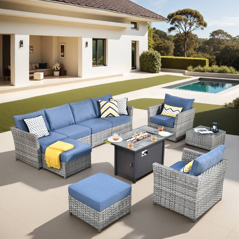 XIZZI 10-piece Patio Furniture Outdoor Sectional Sofa Set with Fire Pit - Denim Blue