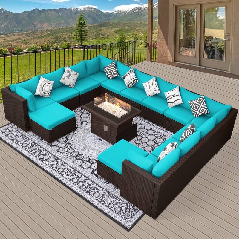 15-Piece Outdoor Wicker Modular Sectional with 43" CSA Fire Pit Table - Teal