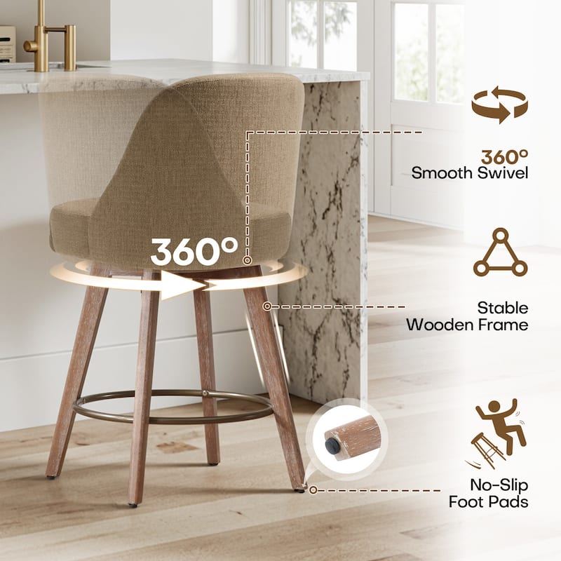 26" Upholstered Counter Height Swivel Bar Stool, Counter Stools with Solid Wood Legs - 39.37"H x 22.44"D x 21.65"W