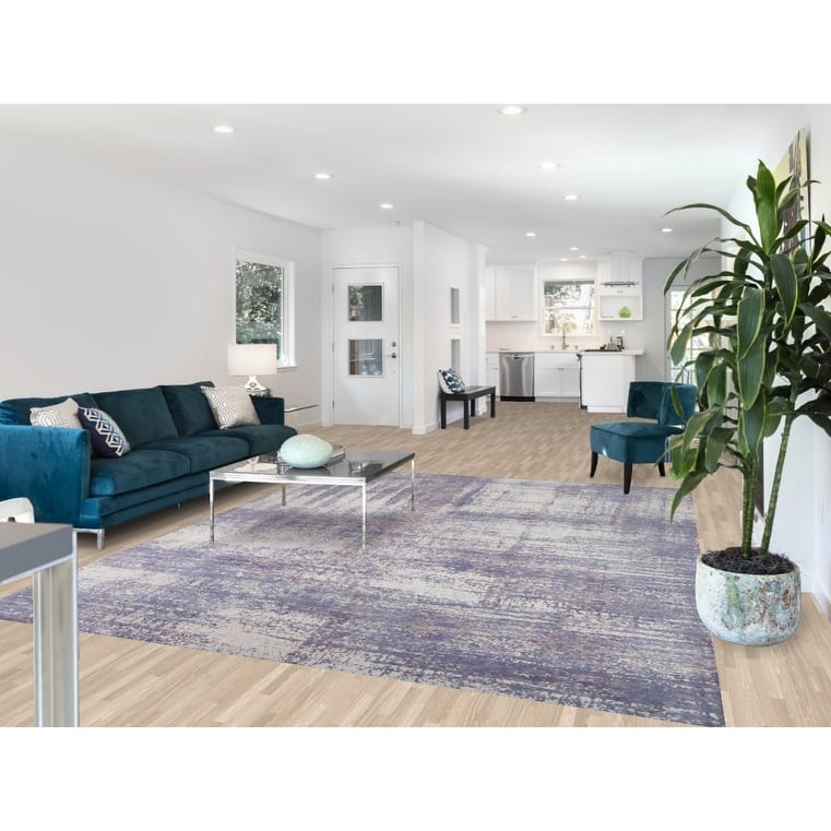 Contemporary Abstract Area Rug Handmade Blue Wool Carpet - 8'0" X 10'2"
