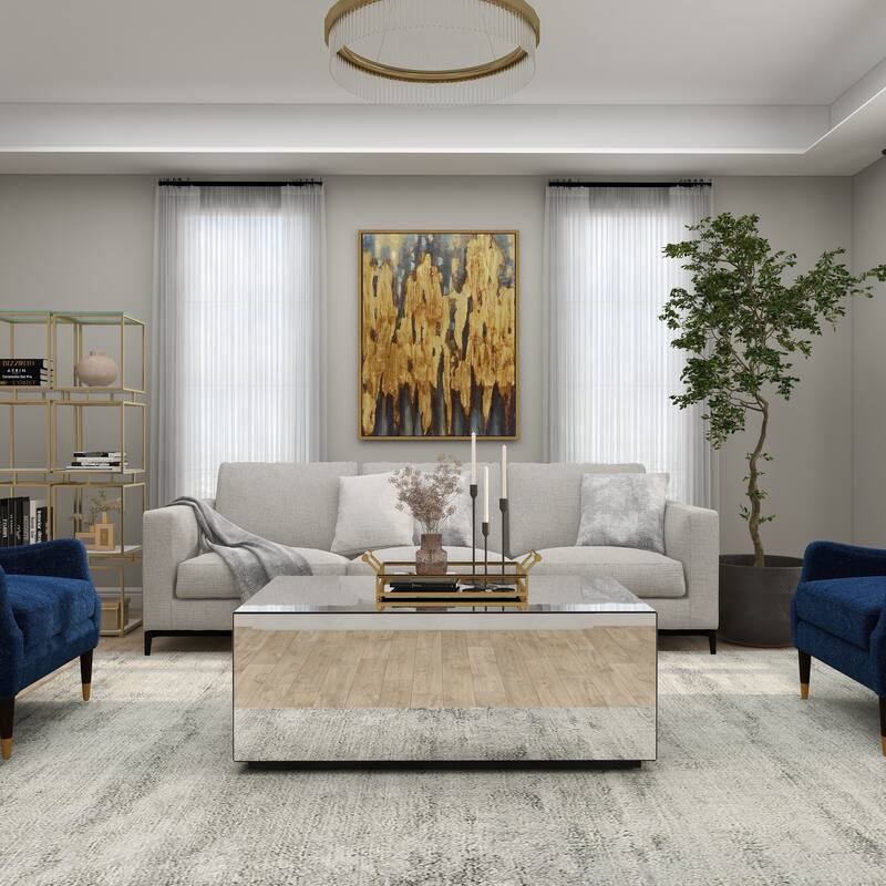 Silver Glass Mirrored Rectangle Living Room Coffee Table with Elevated Base