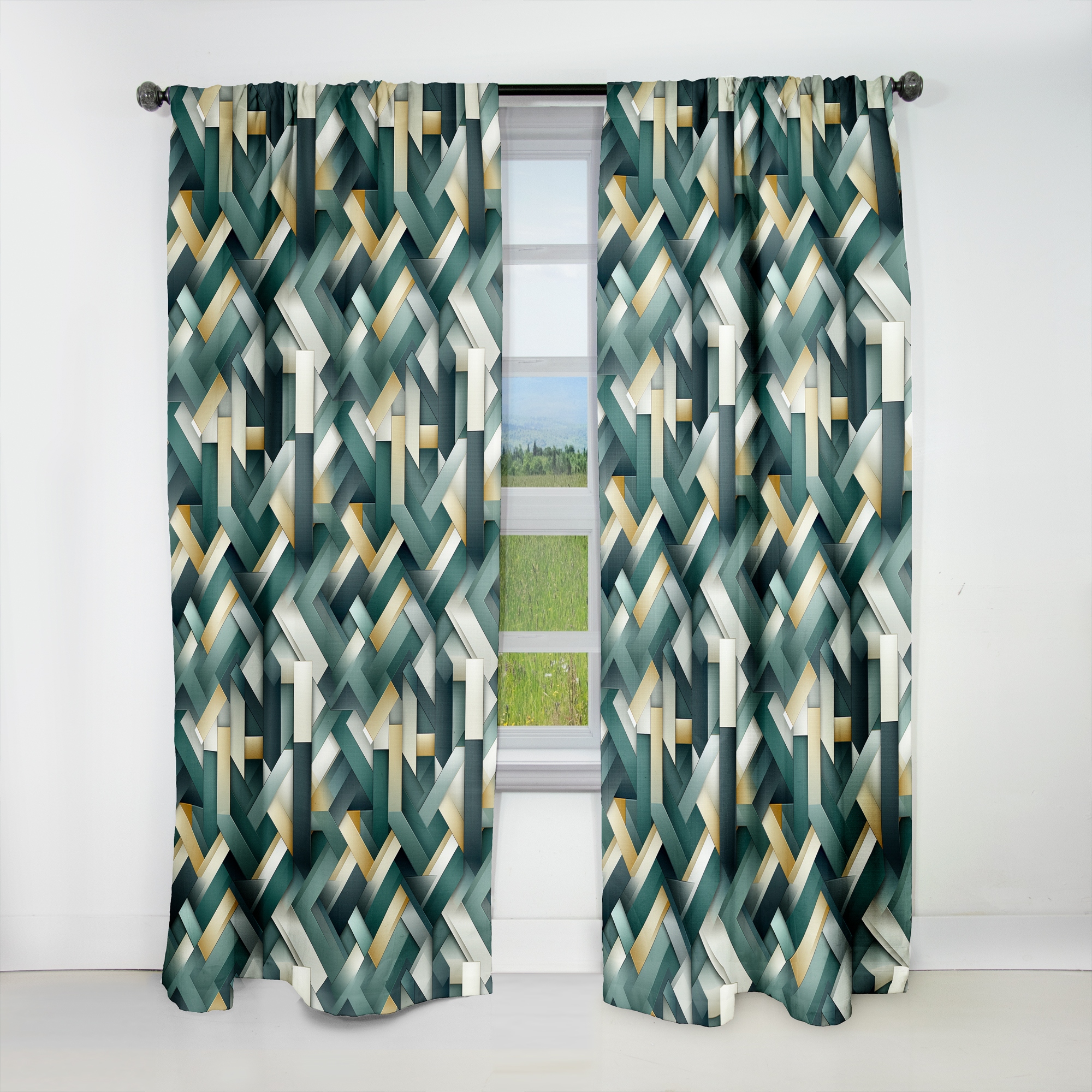 Designart Green And Gold Geometric Chic Pattern Geometric Blackout Curtain For Living Room Decor