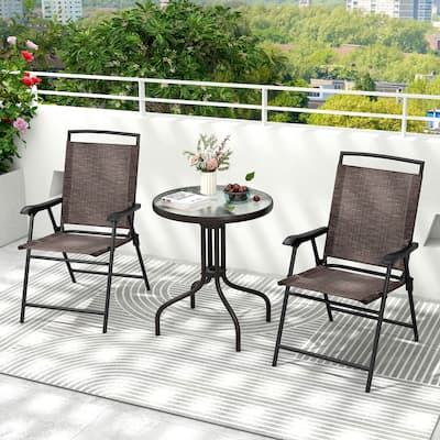 3 Pieces Modern Compact Patio Table with 2 Folding Chairs Set and Umbrella Hole for Small Spaces - 22" x 25.5" x 37"