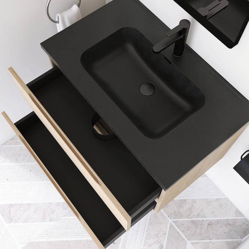 Floating Bathroom Vanity in Evita Oak with Integrated Quartz Sand Top