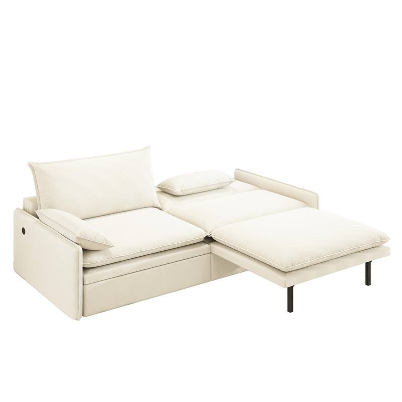 Modern Convertible Sofa Bed, Chenille Fabric Couch with Pull-Out Sleeper Bed, Living Room Loveseat with USB Port, Hidden Storage