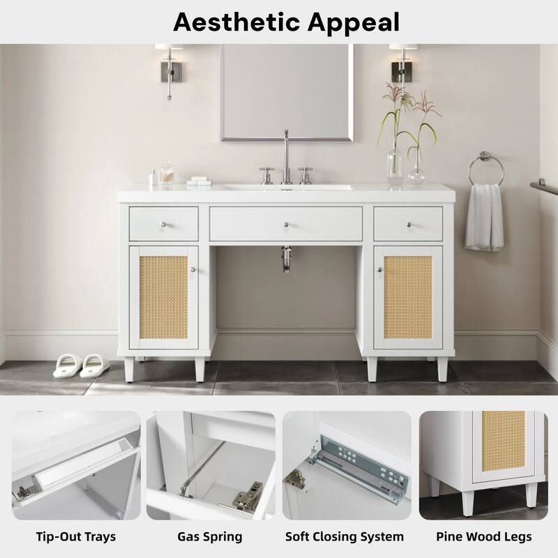 60 Inch Bathroom Vanity with SMC Sink, Modern Spacious Bathroom Storage Cabinet with Soft Close Drawers and Tip-Out Tray