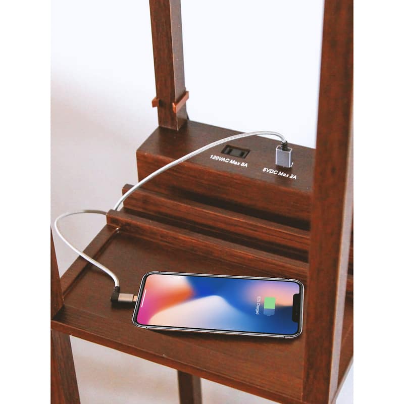Brightech Maxwell 63 in. Havana Brown Traditional USB Charging LED 3-Shelf Floor Lamp with Beige Fabric Square Shade