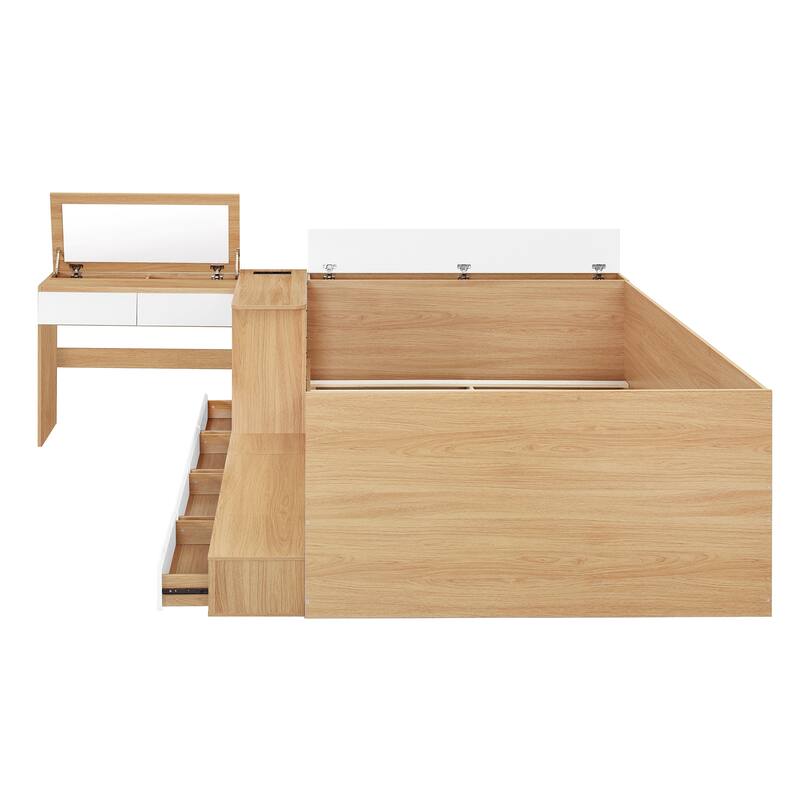 Full-Size Wooden Platform Bed with Vanity Desk, Storage Drawers & Flip Lid by Harper&Bright Designs