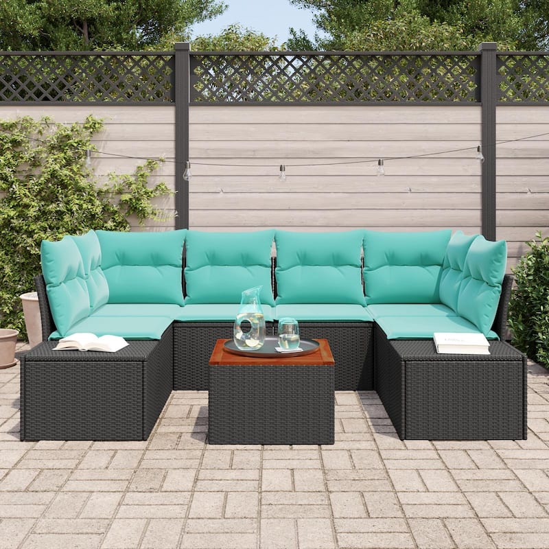 vidaXL 7 Garden Sofa Set with Cushions Black/Grey Poly Rattan - 92.1 x 60.6 x 27.2