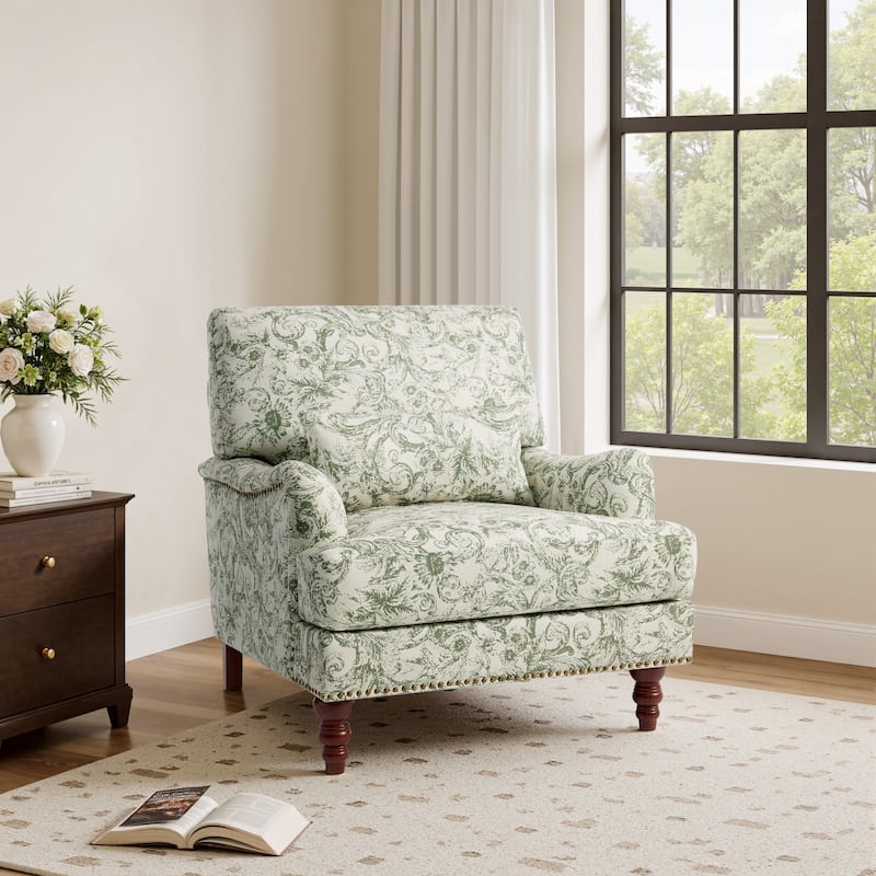 Mid Century Chenille Upholstered Accent Chair with Nailhead Trim - Rococo Green - Chenille
