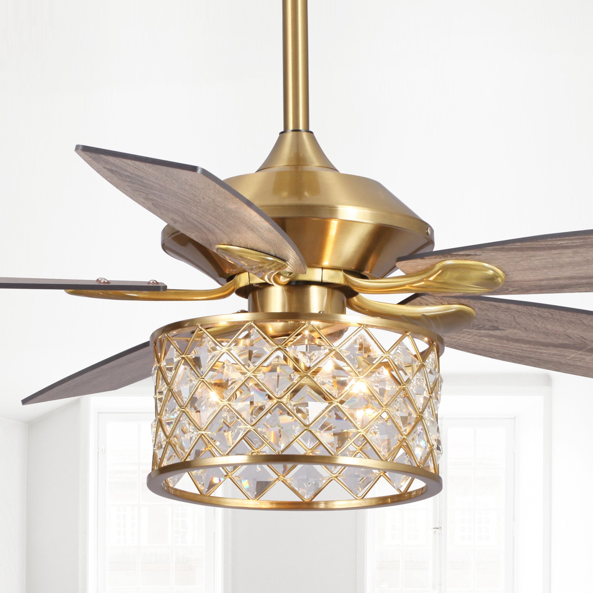 52" Modern Wood 5-Blade Gold Crystal Ceiling Fan Fandelier with Remote