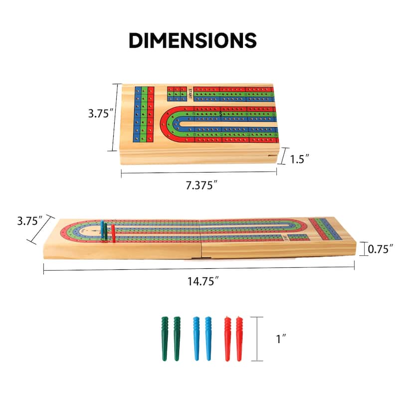 GSE™ Wooden Folding 3-Track Color Coded Portable Travel Cribbage Board with 6 Plastic Pegs