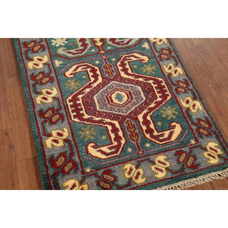 Green Geometric Kazak Runner Rug Hand-Knotted Wool Carpet - 2'5"x 9'8"