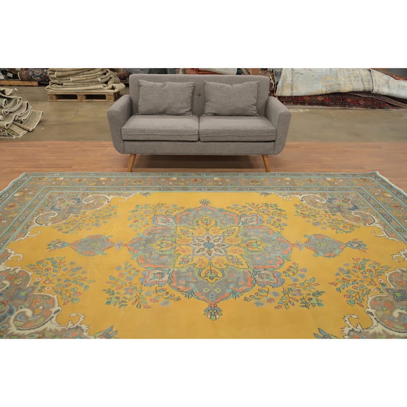 Hand Knotted Oriental 100% Wool Carpet Traditional Floral Yellow & Gold Tabriz Area Rug - 11' 4'' X 8' 3''