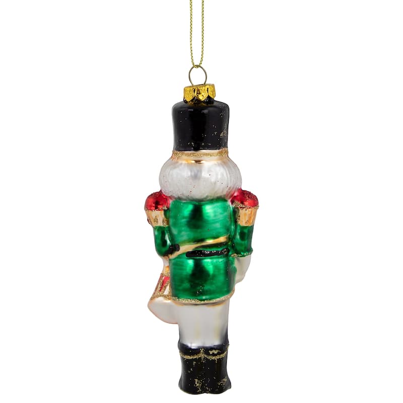 5.25-Inch Green Red Gold Nutcracker With Drum Glass Christmas Ornament
