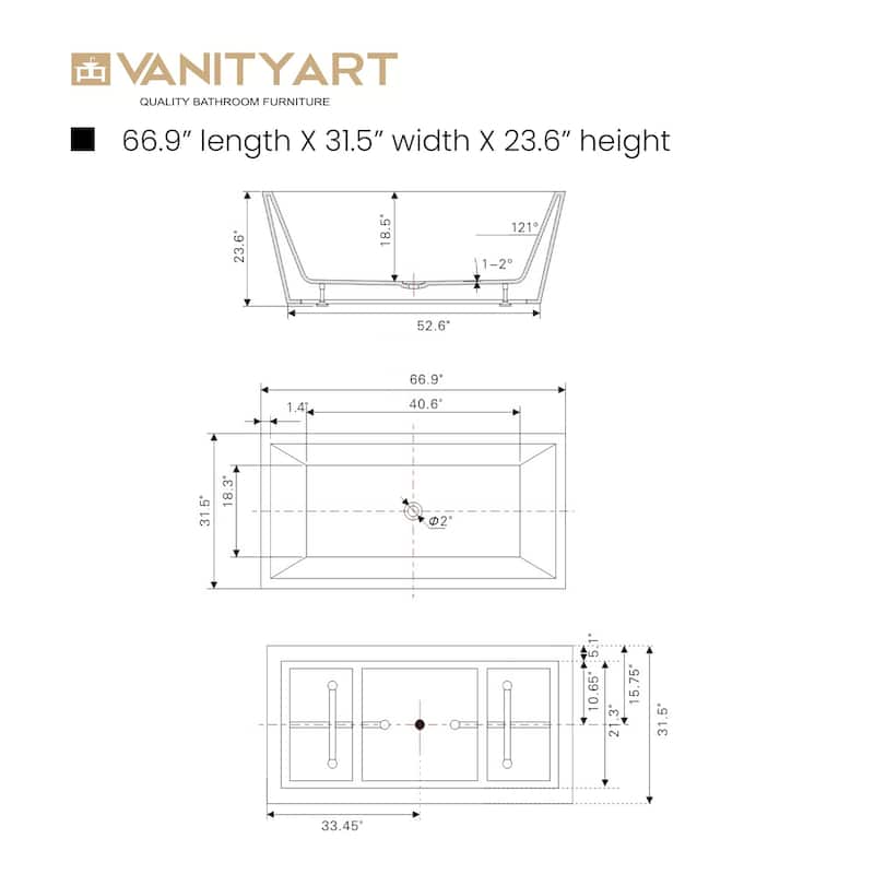 Vanity Art 67 inch Freestanding Acrylic Bathtub with Pop-up Drain