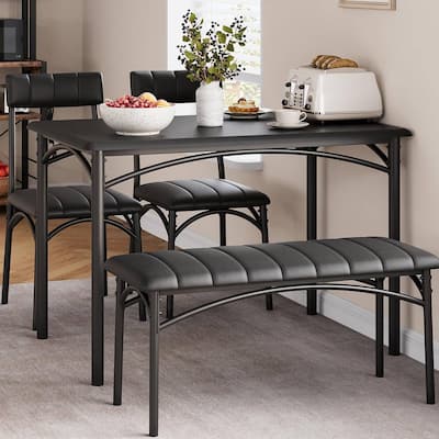 Industrial Dining Table Set with Upholstered Chairs and Bench