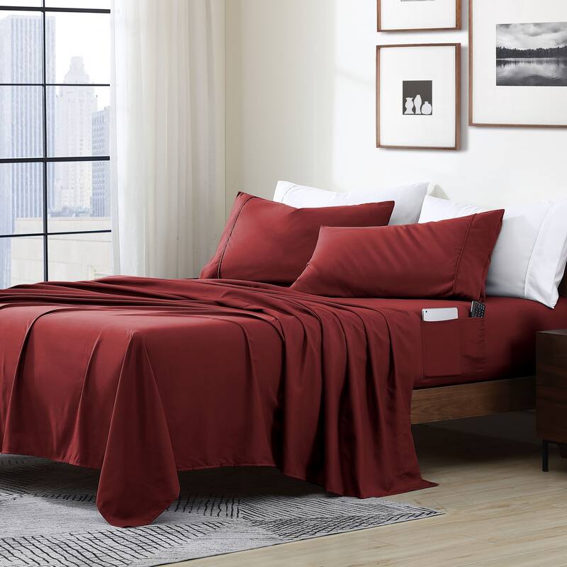 Home Essential Soft Microfiber Smart Sheet Storage Pocket Bedding Sheet Set - Full - Burgundy