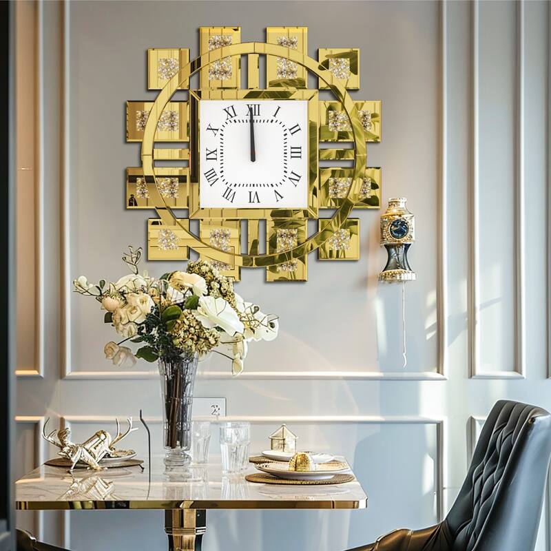 Gold/Silver Irregular Luxury Mirrored Wall Clock w/Crushed Diamond Inlay - 23.62x23.62 inch