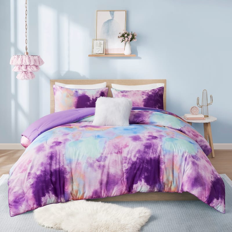 Intelligent Design Karissa Watercolor Tie Dye Printed Comforter Set with Throw Pillow - Lavender - Twin XL