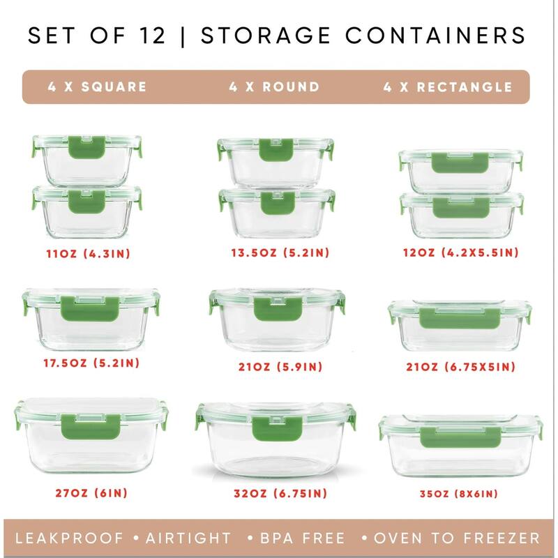 24pc Borosilicate Glass Storage Containers with Lids. 12 Airtight, Freezer Safe Food Storage Containers