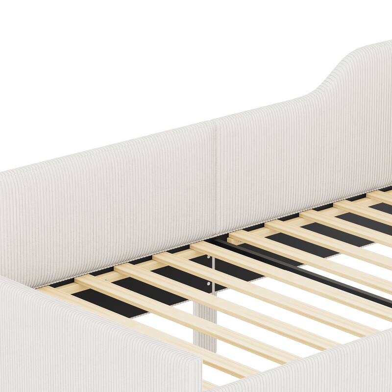 Vertical Lines Upholstered Platform Bed Frame with 2 Storage Drawers, L-Shaped Corduroy Daybed Sofabed
