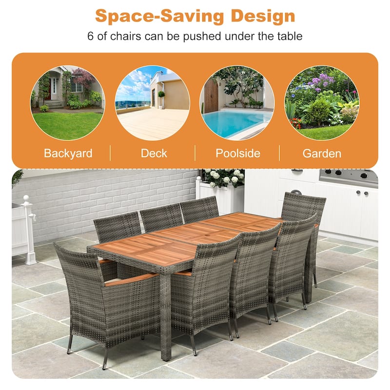 Costway 9 PCS Outdoor Wicker Dining Set with Acacia Wood Table and 8 - See Details