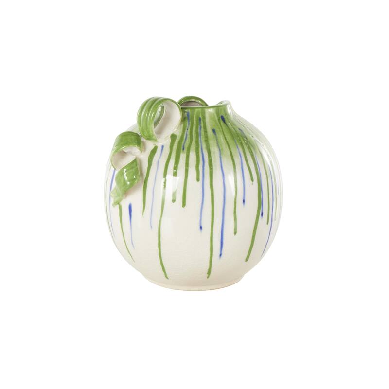 White Ceramic Abstract Decorative Vase with Green and Blue Drip Design and Handle