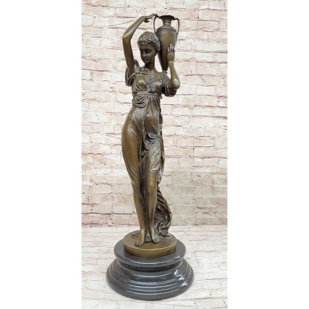 Greek Roman Woman Waterbearer Water Jug Bronze Statue Sculpture Figure On Marble Base