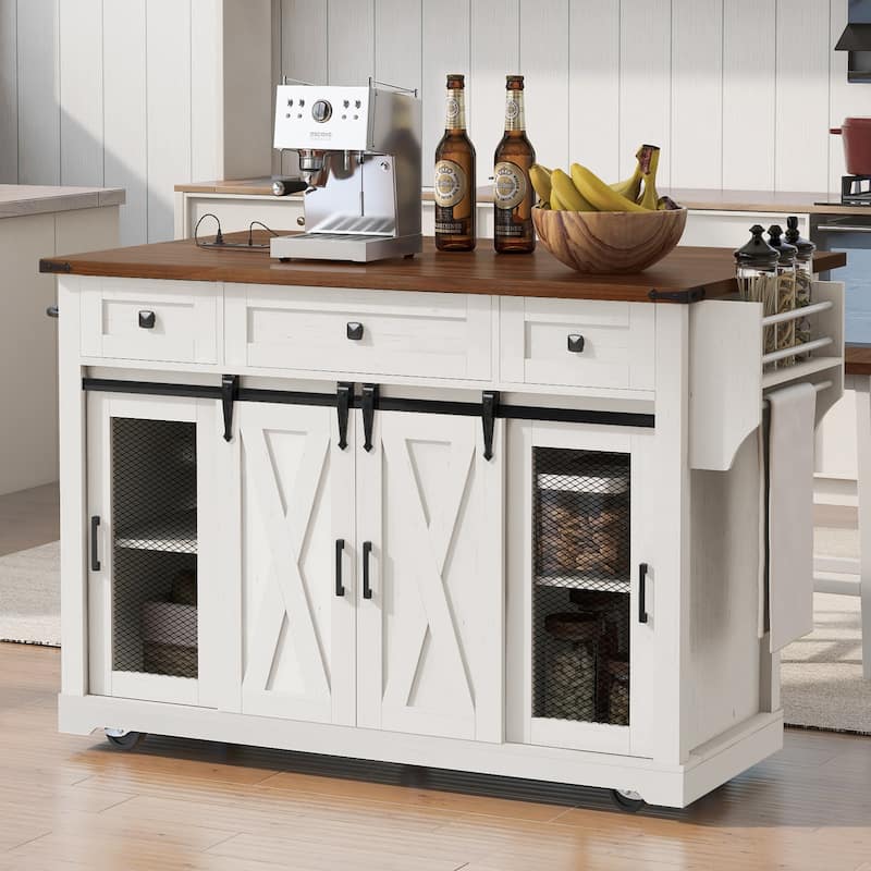 58" Farmhouse Kitchen Island with Sliding Barn Door, Drop Leaf & Storage, Mobile on 5 Wheels