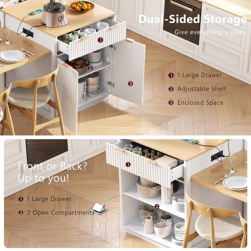 Fluted Kitchen Island with Extendable Dining Table, Power Outlet, Double Side Storage, 2 Drawers and 2 Side Open Shelves