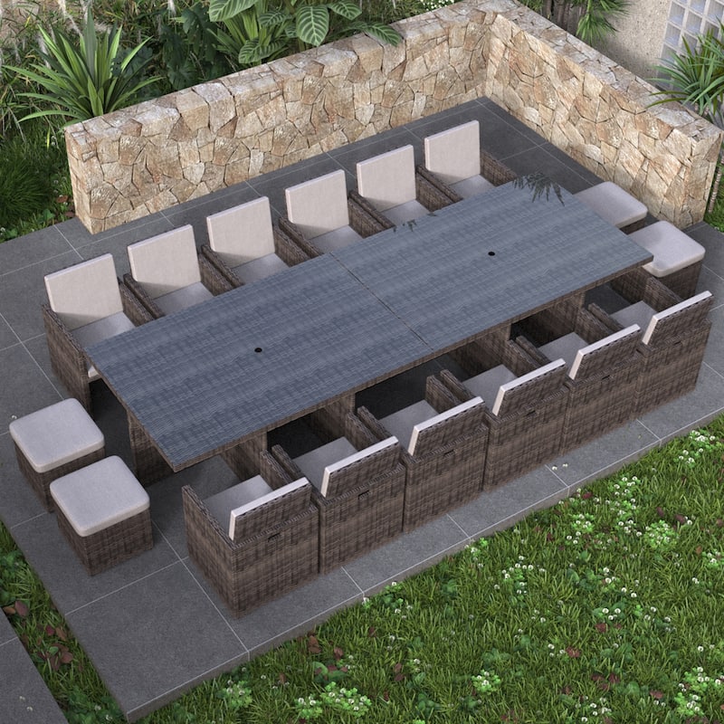 16-Seater Aluminum Patio Dining Sets with Cushions and Tempered Glass Tabletop