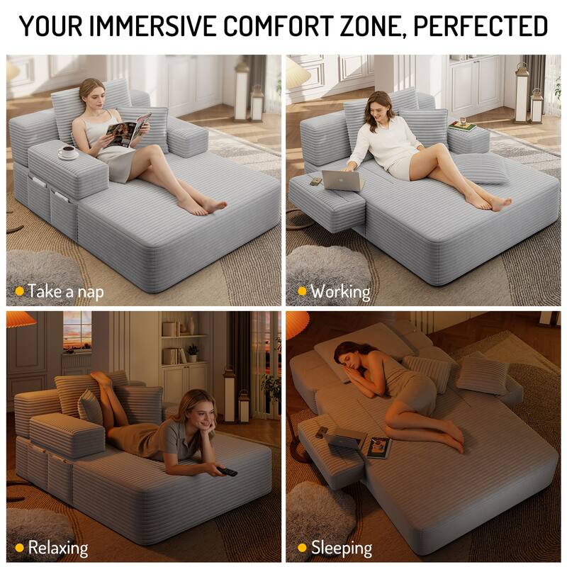Luxurious Plush Corduroy Chaise Lounge Convertible Sofa Bed with Storage Pocket and Wide Armrests
