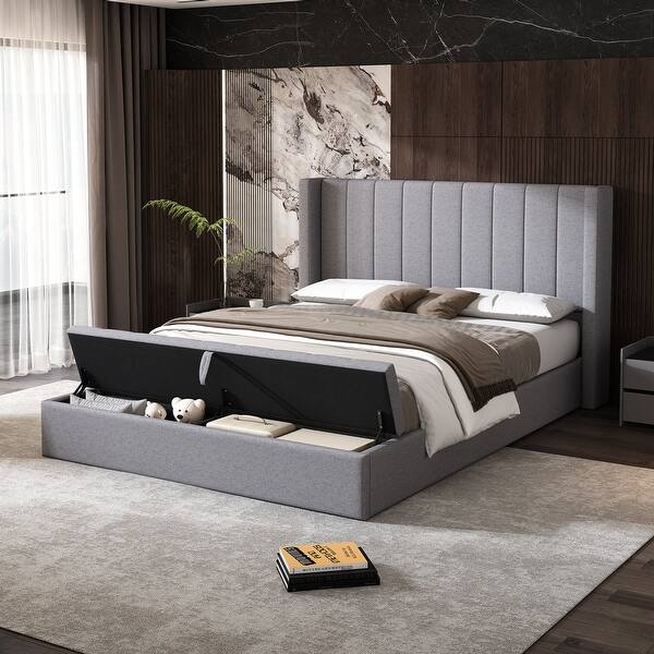 slide 2 of 10, Queen Upholstered Platform Bed with Headboard and Large Storage Compartment Grey