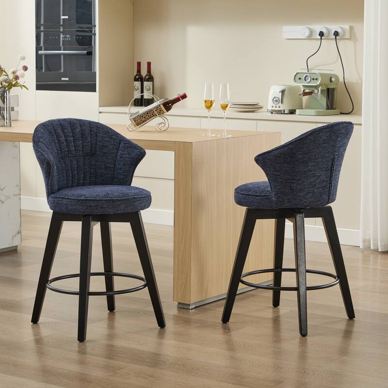 Set of 2 Chenille Upholstered Swivel Bar Stools with Solid Wood Legs and Wing Back