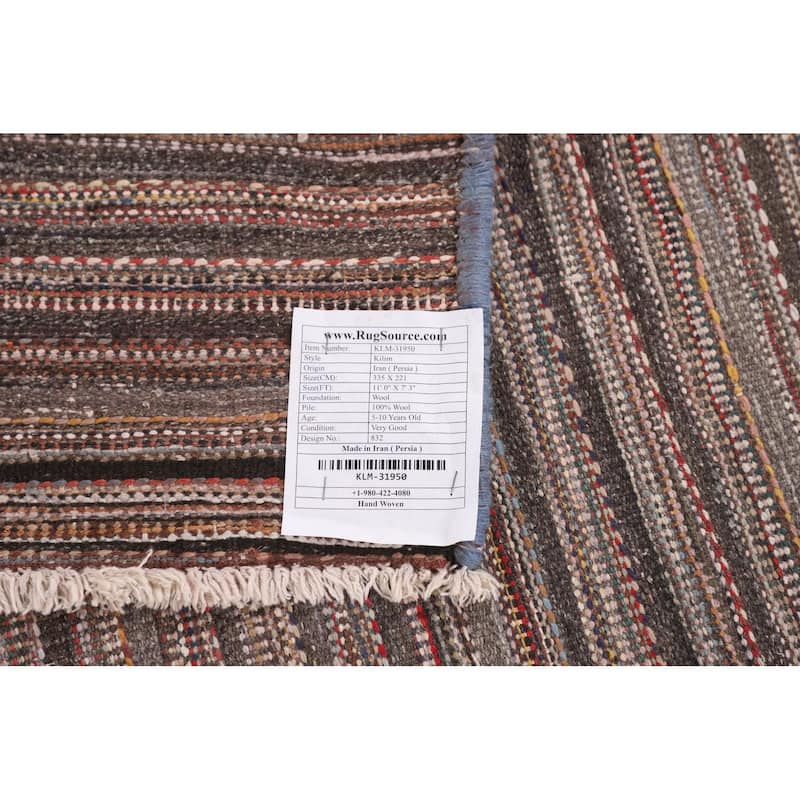 All-Over Striped Kilim Persian Vintage Area Rug Hand-Woven Wool Carpet - 7'3"x 11'0"