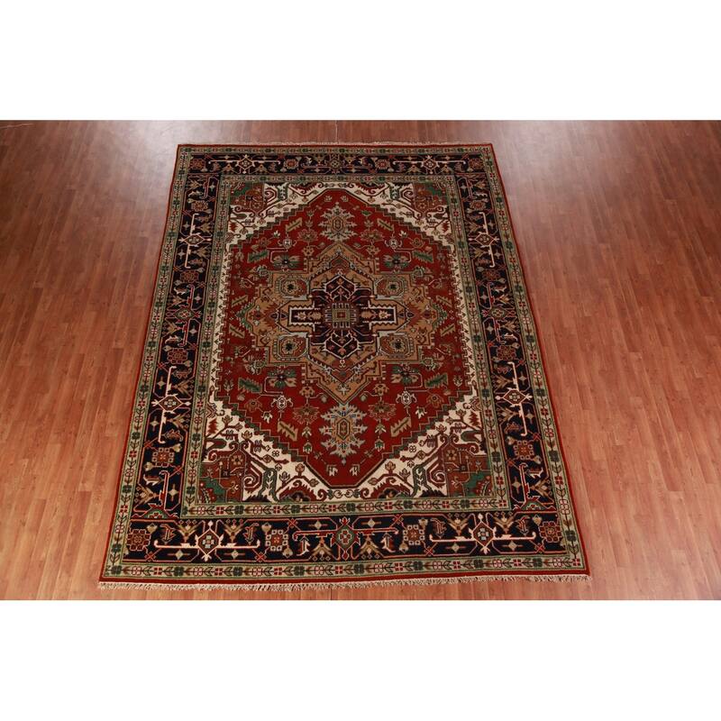 Geometric Medallion Heriz Serapi Area Rug Hand-Knotted Wool Carpet - 8'11"x 11'9"