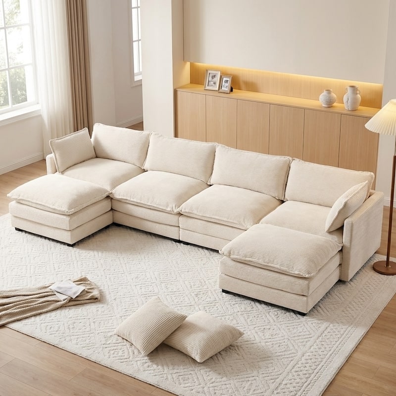 Oversized Modular Corduroy Sectional Sofa Set with Ottoman, 3-Seater / 4-Seater Deep Seat Lounge Couch for Living Room - Beige-4 Seat - Symmetrical