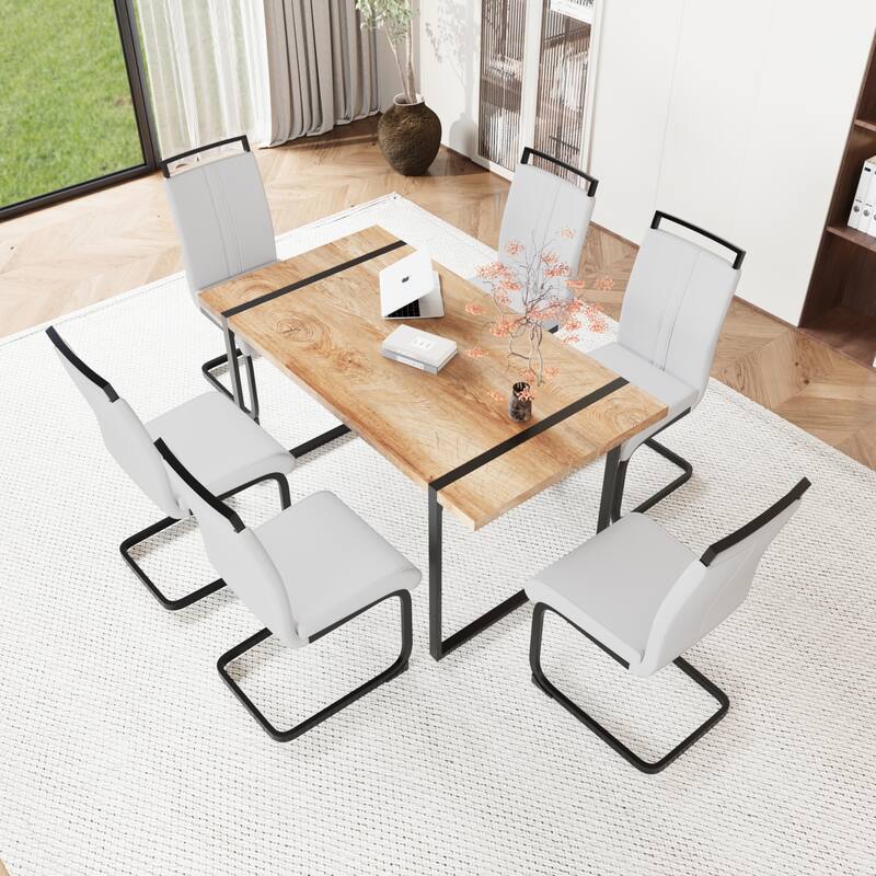 7-Piece Dining Table Set with Wood Grain Tabletop, Chair with C-shaped Bases, Ergonomically Curved Backrest