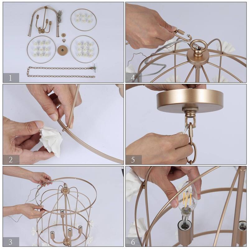 Veitchii Modern Glam Bird Cage Gold Chandelier 4-light with White Ceramic Gardenia