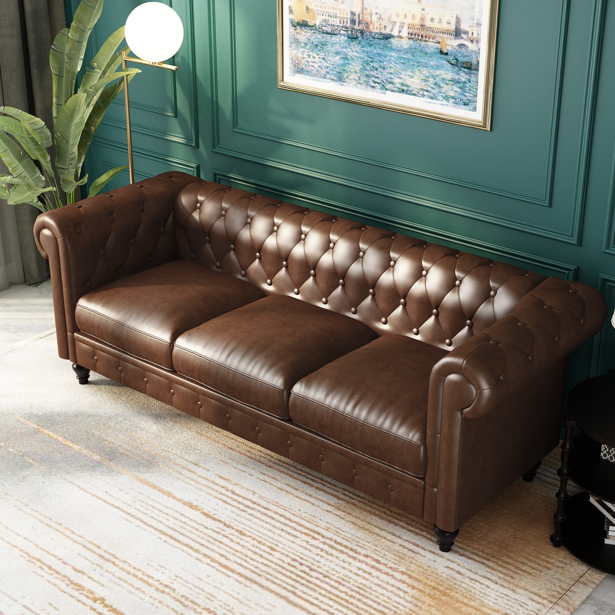 88'' PU Leather Rolled Arms Couch Chesterfield Sofa with Deep  Button Tufting and Nailhead Accents, Brown - On Sale - Overstock - 34847042