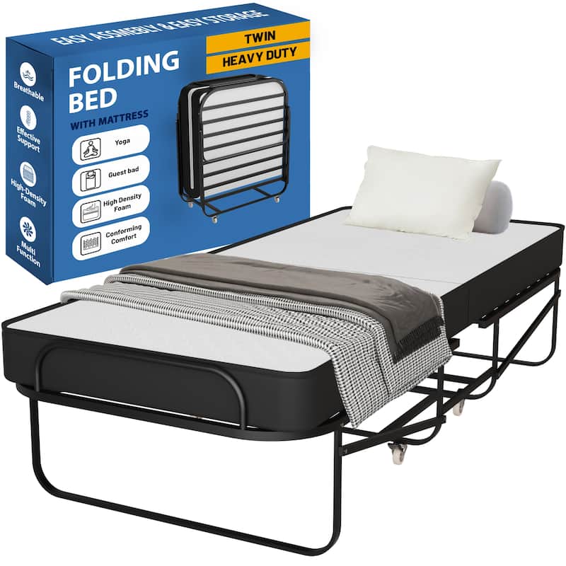 16" Rollaway Cot Bed with 5" Memory Foam Mattresses, Sturdy Metal Folding Frame, Fully Assembled, for Adults and Kids - Twin