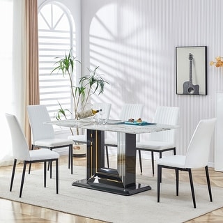 Faux Marble Dining Table Set with 6 Pu Leather Chairs ( Set of 7 ...