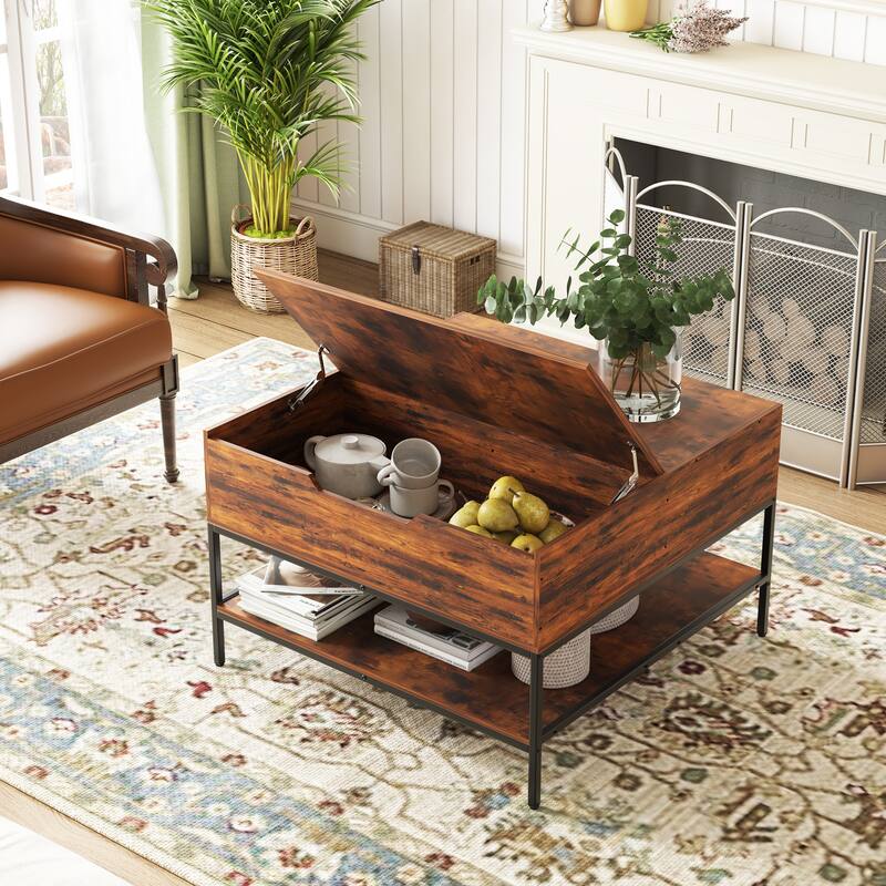 Flip Top Coffee Table with Storage -31.5"Wood Grain Table, Hidden Storage Compartment for Living Room, Sturdy Metal Frame