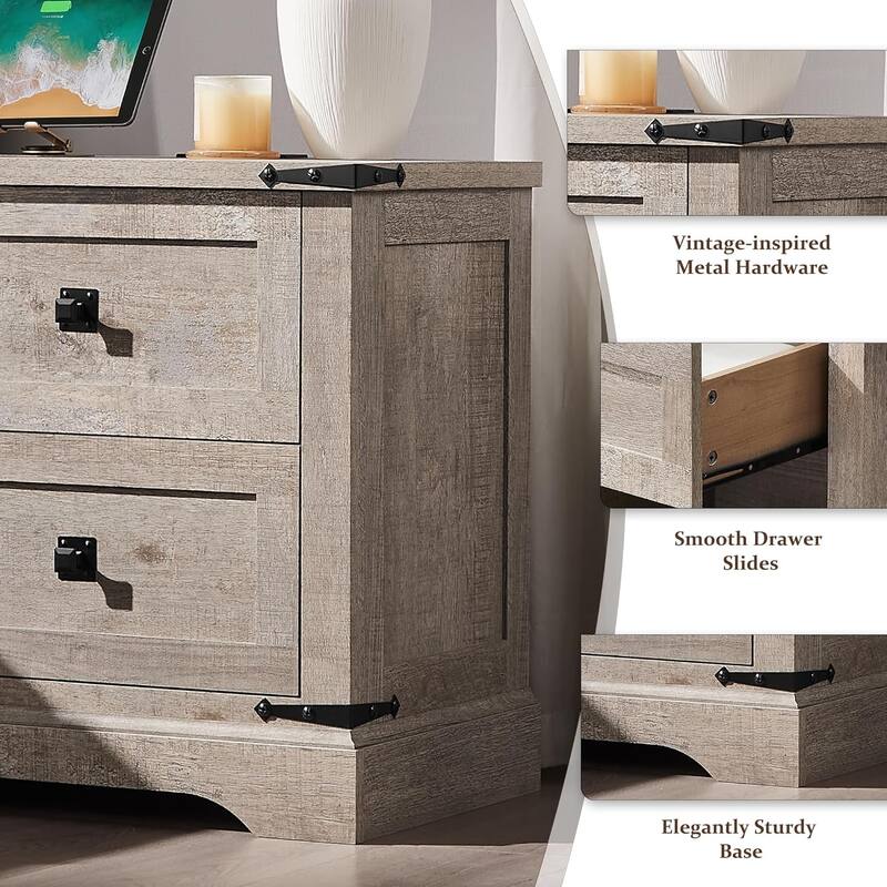 Farmhouse 2 Drawers Nightstand with Charging Station, Large End Table